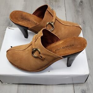 Venus Horsebit Saddle Suede Mules Genuine Wood Heels 8